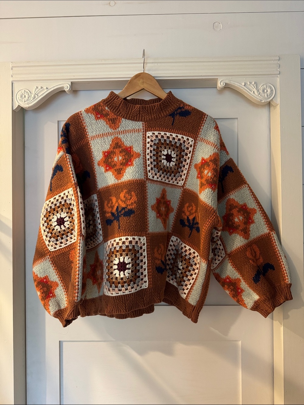 POL Patchwork Floral Crewneck Sweater in Rust, Cream and sage blue cottage core
